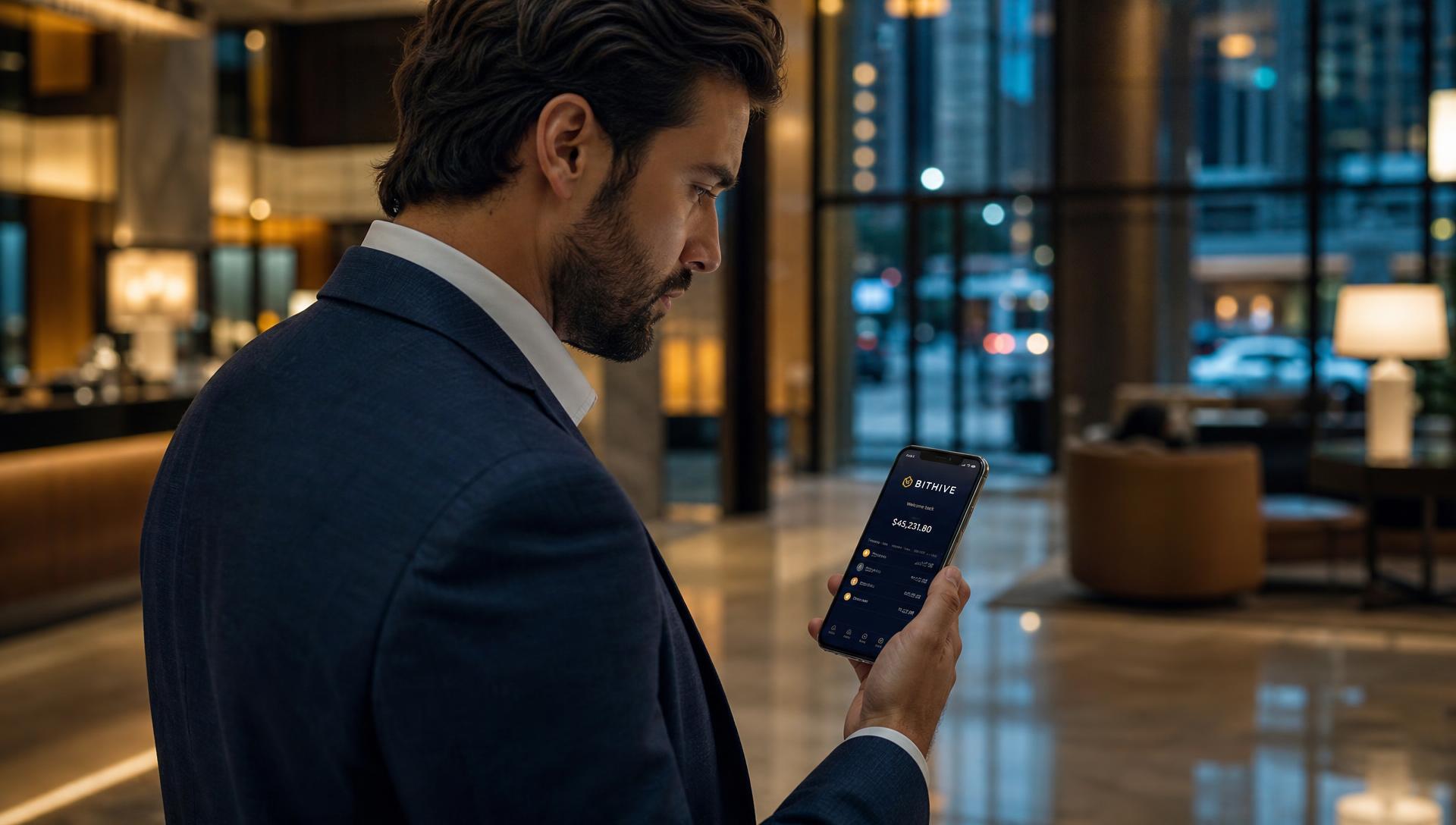 A client checking the Bithive mobile banking app in a sophisticated lobby at dusk