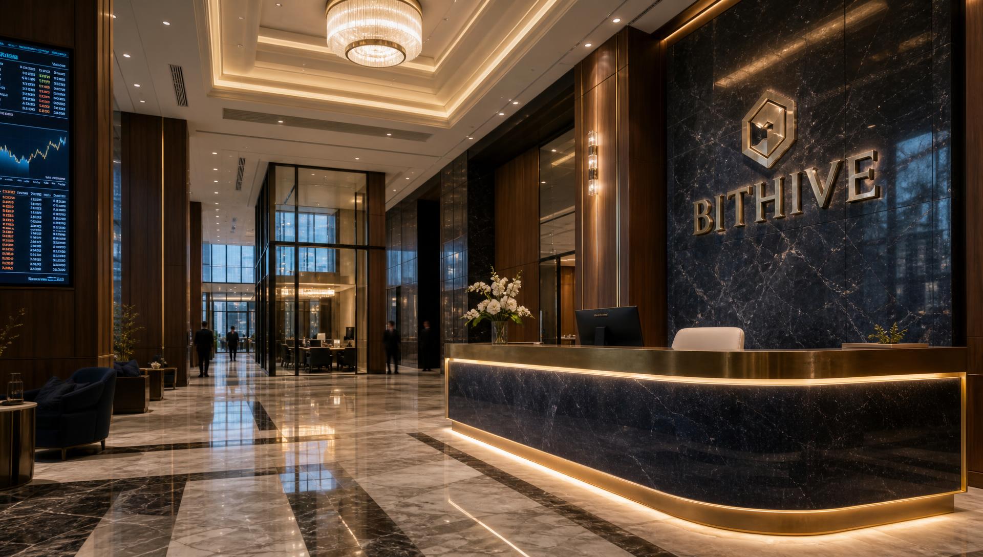 The grand marble lobby of a Bithive private banking branch with a brass Bithive feature wall
